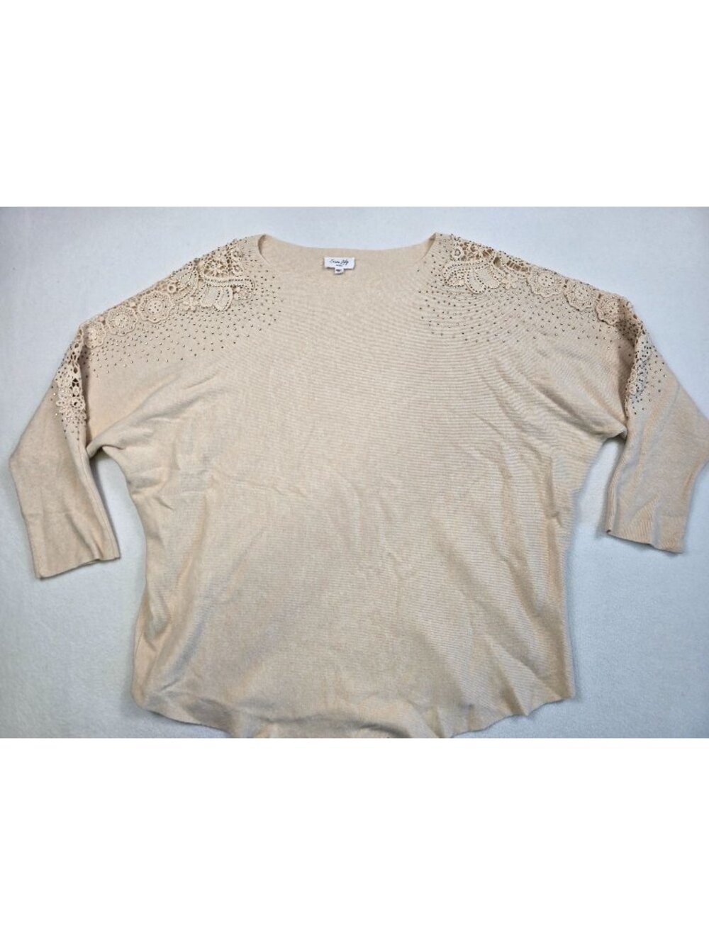 Siren Lily Womens 3X Beige Dolman Sleeve Top With Crochet Lace & Beaded Detail